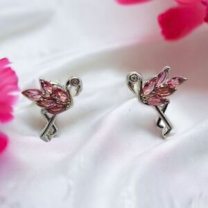 Pink Flamingo 🦩 Sparkly CZ Silver Stud Earrings Tropical Resort Jewelry